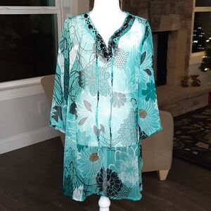 Cruisewear & Co Beaded Neckline Green with Floral Print Sheer Top